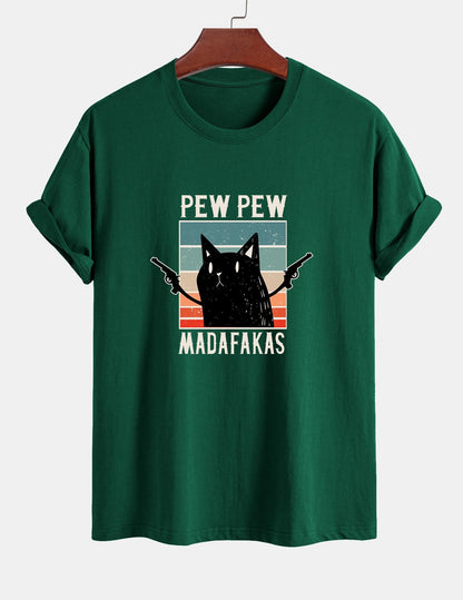 تي شيرت قطن بتصميم قطة سوداء بمقاس عادي - PEW PEW MADAFAKAS