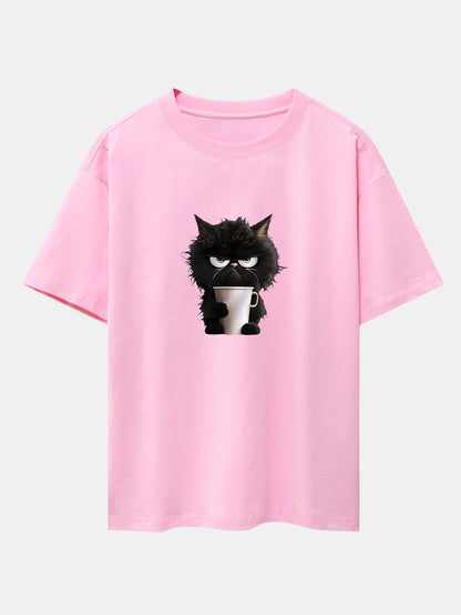 Black Cat Drinking Coffee Print Drop Shoulder Oversize T-Shirt
