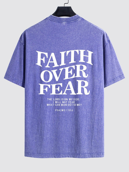 Faith Over Fear Print Washed Distressed Drop Shoulder T-Shirt