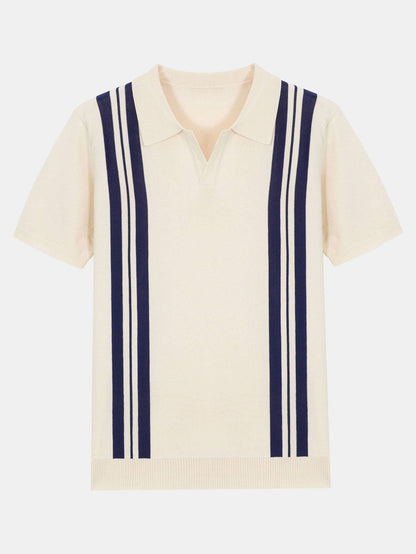 Striped Johnny Collar Sweater Polo