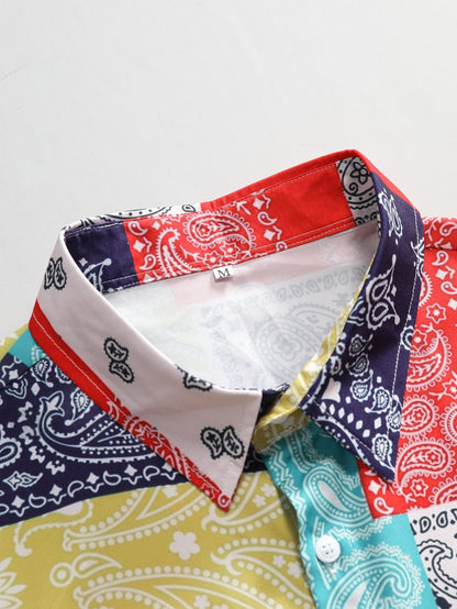 Color Block Paisley Print Button Up Shirt