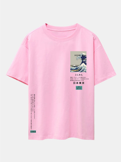 Waves Tokyo Ukiyo-e Print Drop Shoulder Oversize T-Shirt