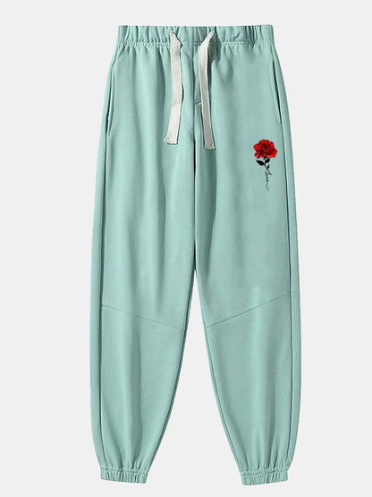 Rose Print Cotton Blend Jogger Pants