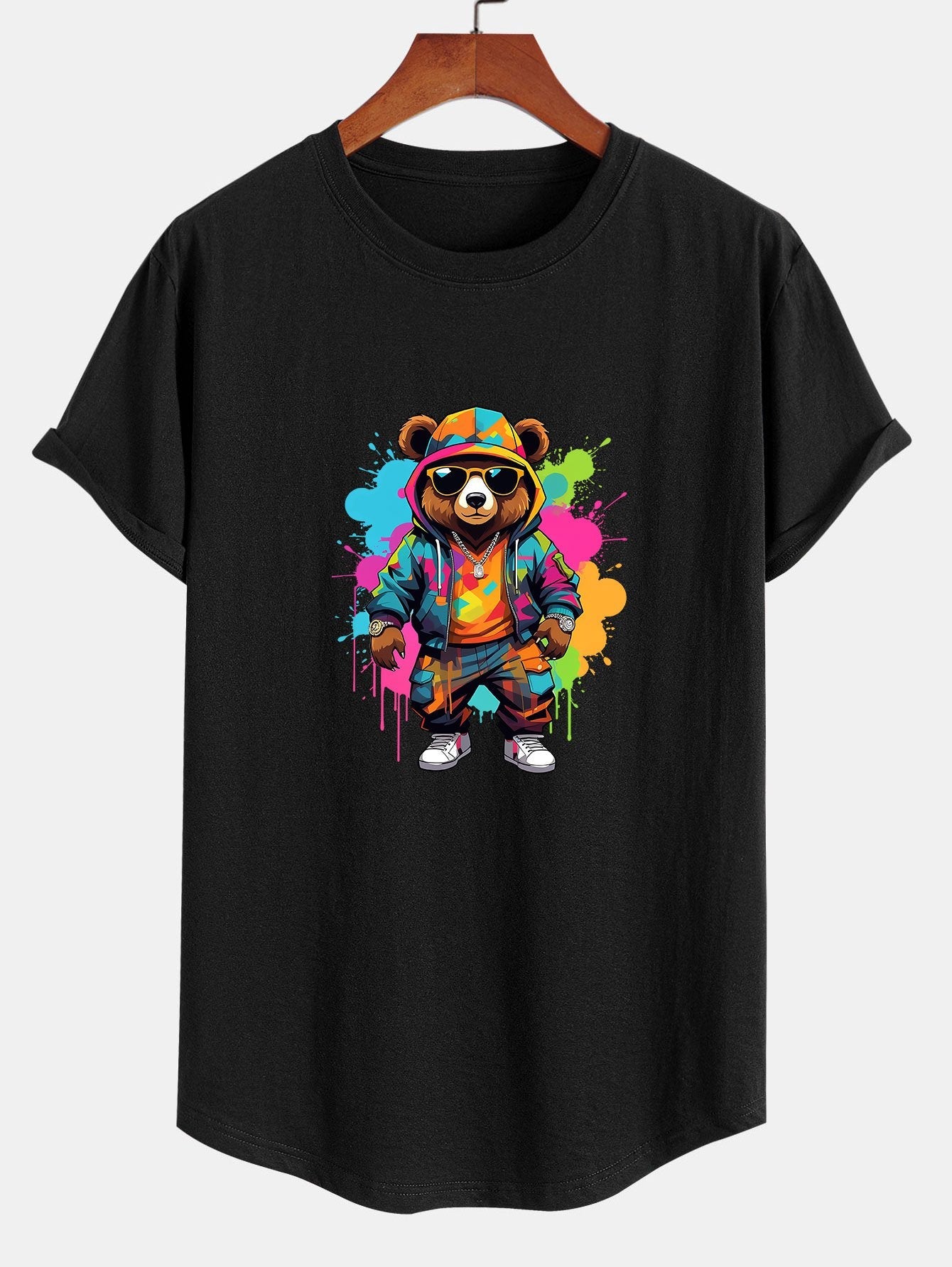 Graffiti Bear Print Cotton Arc Hem T-Shirt