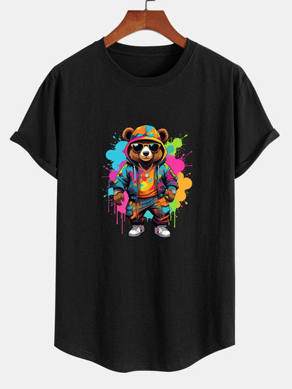Graffiti Bear Print Cotton Arc Hem T-Shirt