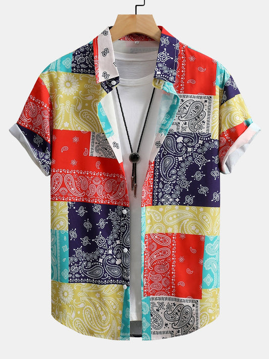 Color Block Paisley Print Button Up Shirt
