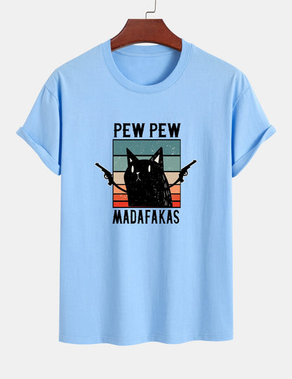 تي شيرت قطن بتصميم قطة سوداء بمقاس عادي - PEW PEW MADAFAKAS