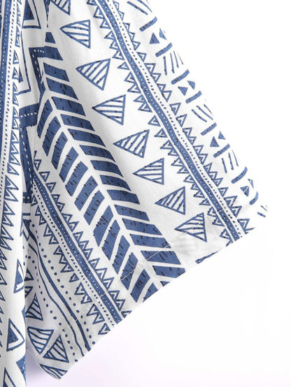 Tribal Geometric Print Half Placket Henley Collar Shirt