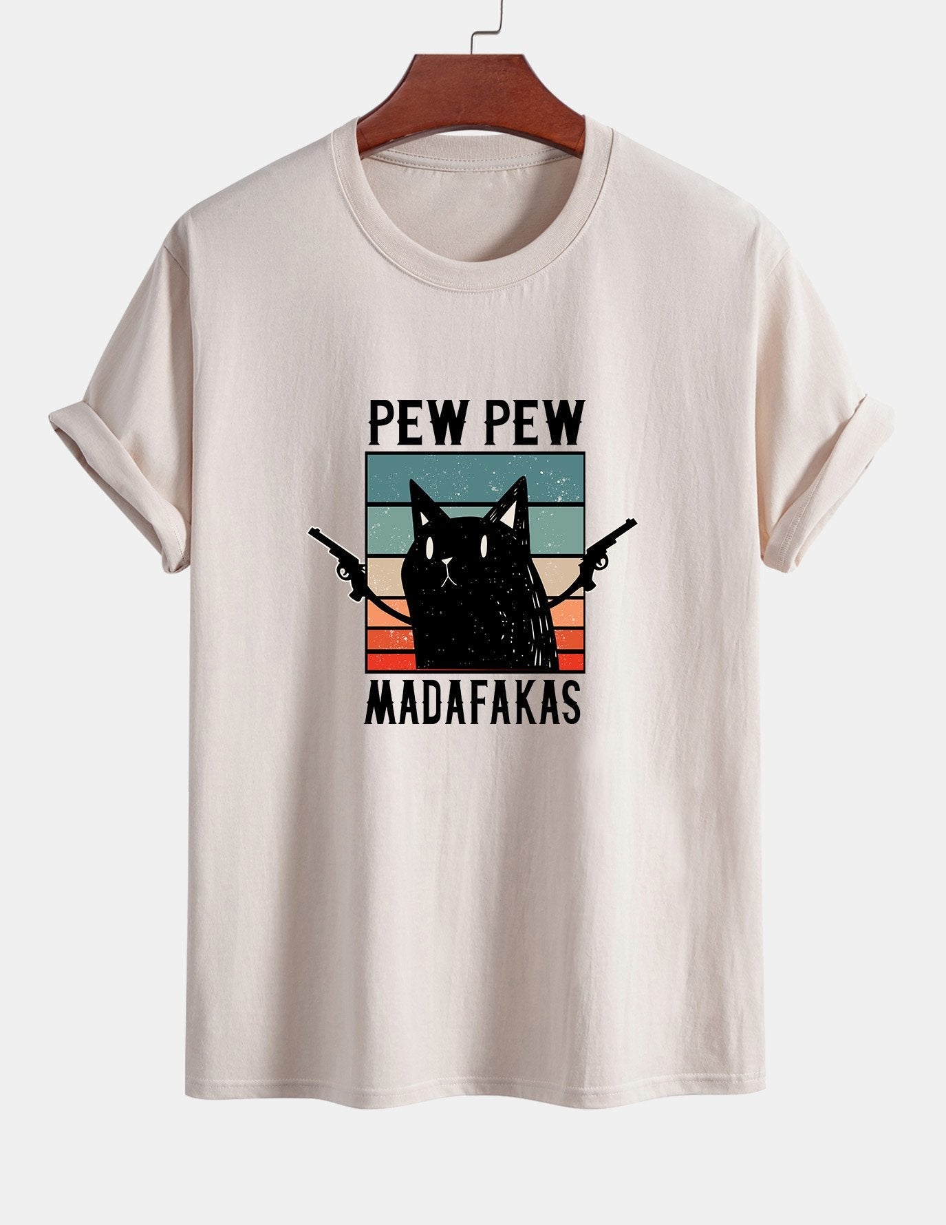 تي شيرت قطن بتصميم قطة سوداء بمقاس عادي - PEW PEW MADAFAKAS