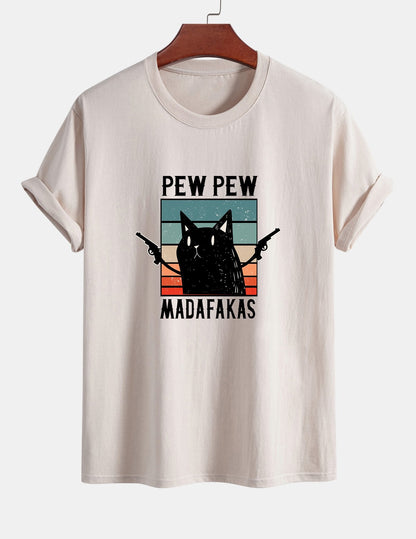 تي شيرت قطن بتصميم قطة سوداء بمقاس عادي - PEW PEW MADAFAKAS