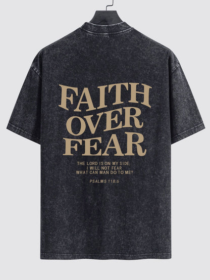 Faith Over Fear Print Washed Distressed Drop Shoulder T-Shirt