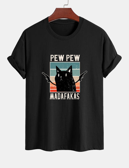 تي شيرت قطن بتصميم قطة سوداء بمقاس عادي - PEW PEW MADAFAKAS