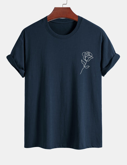 Regular Fit Simple Rose Print Cotton T-Shirt