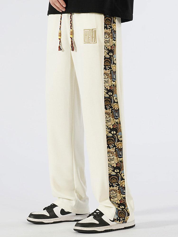 Bear Print Patchwork Straight Leg Pants