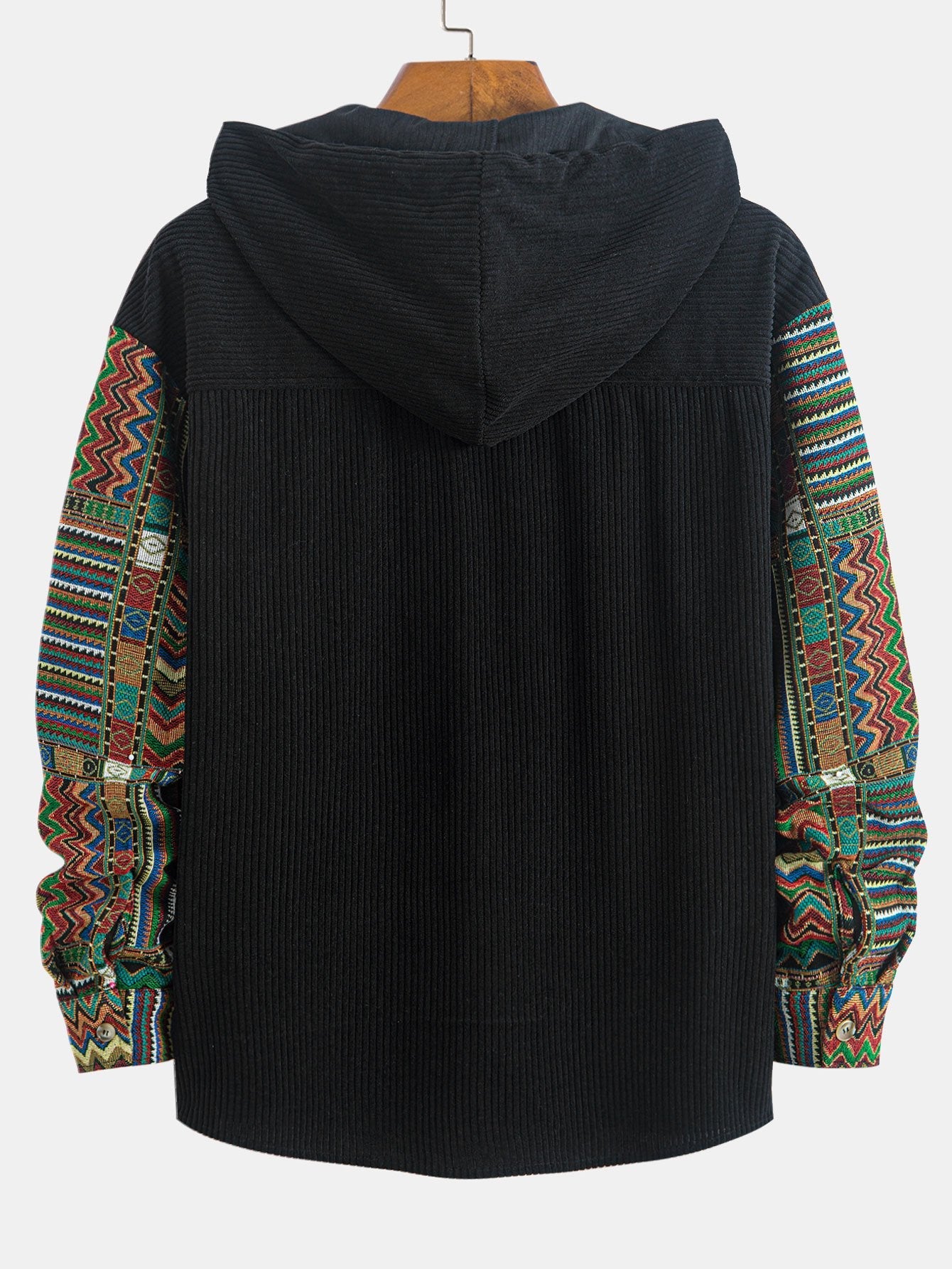 Relax Fit Ethnic Geometric Corduroy Patchwork Hooded Shirt # Random Pattern Design #
