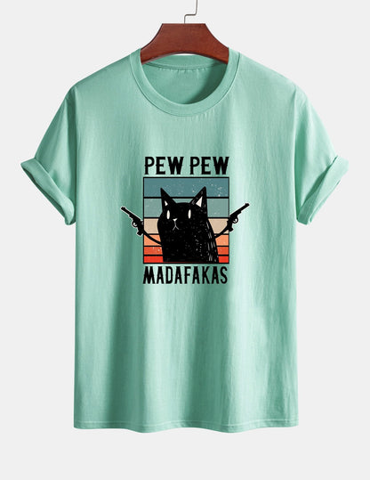 تي شيرت قطن بتصميم قطة سوداء بمقاس عادي - PEW PEW MADAFAKAS