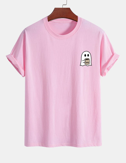 Regular Fit Ghost Drinking Coffee Print Cotton T-Shirt
