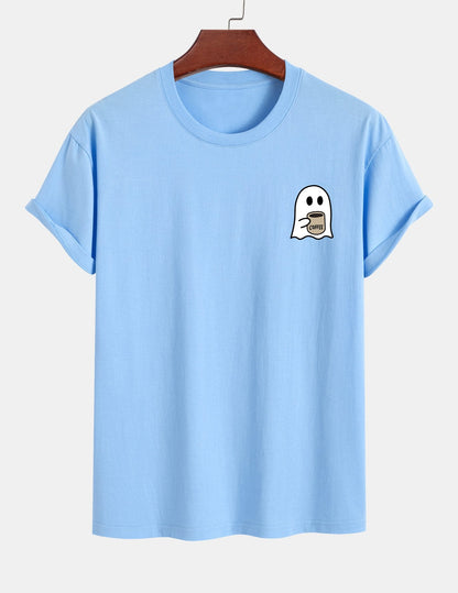 Regular Fit Ghost Drinking Coffee Print Cotton T-Shirt