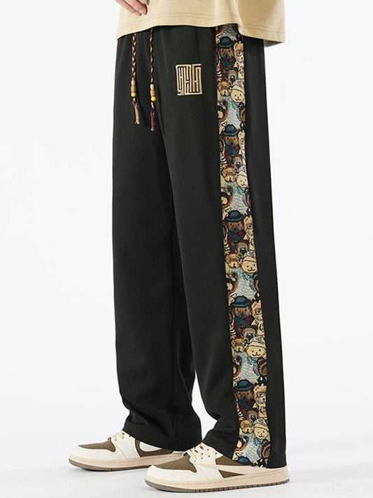 Bear Print Patchwork Straight Leg Pants