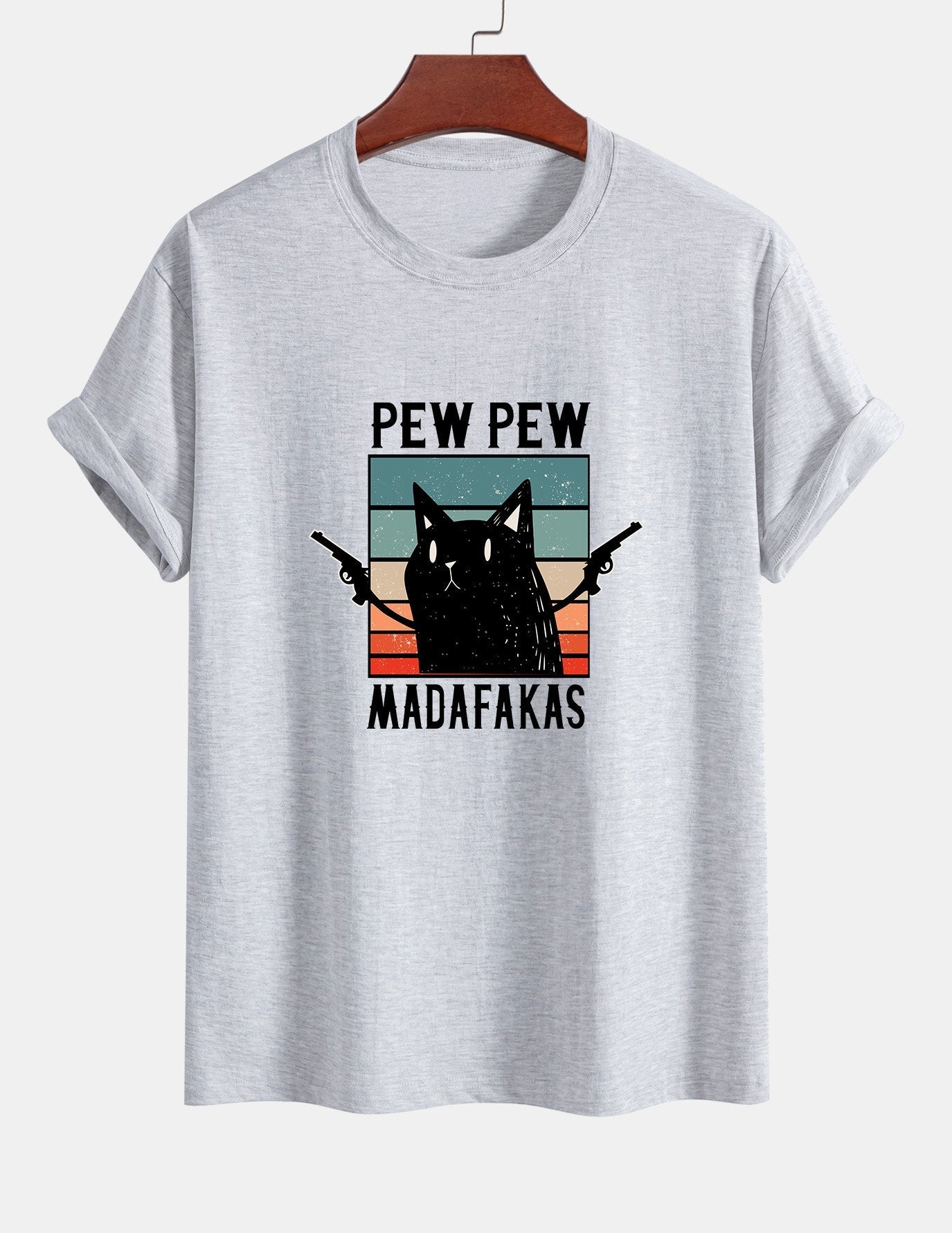تي شيرت قطن بتصميم قطة سوداء بمقاس عادي - PEW PEW MADAFAKAS