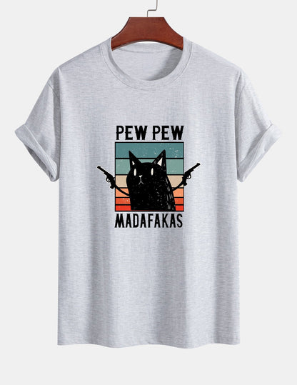 تي شيرت قطن بتصميم قطة سوداء بمقاس عادي - PEW PEW MADAFAKAS