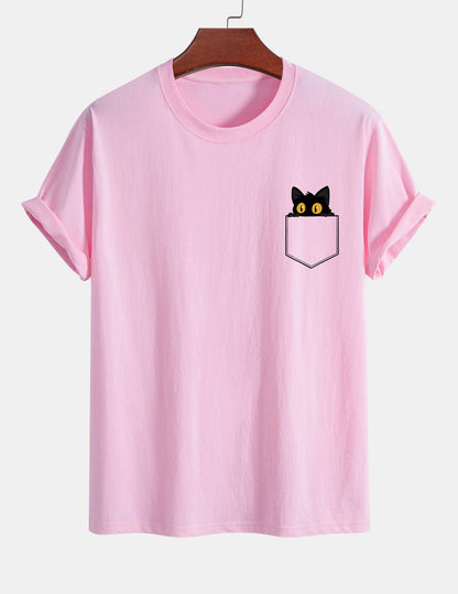 Regular Fit Pocket Black Cat Print Cotton T-Shirt