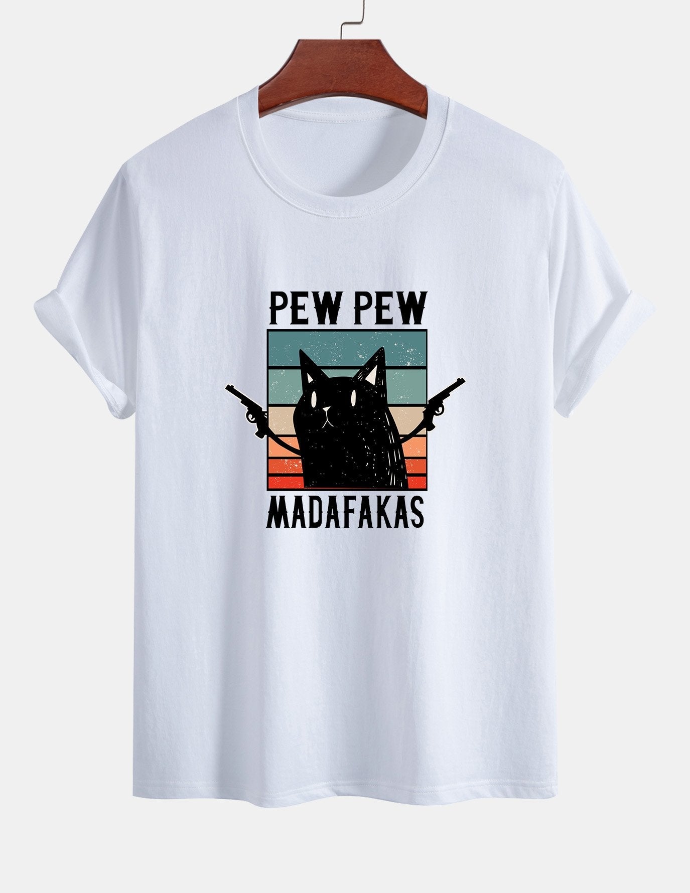 تي شيرت قطن بتصميم قطة سوداء بمقاس عادي - PEW PEW MADAFAKAS