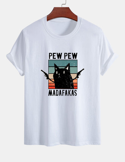 تي شيرت قطن بتصميم قطة سوداء بمقاس عادي - PEW PEW MADAFAKAS