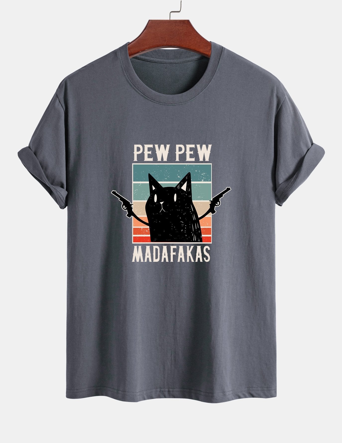 تي شيرت قطن بتصميم قطة سوداء بمقاس عادي - PEW PEW MADAFAKAS