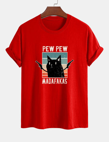 تي شيرت قطن بتصميم قطة سوداء بمقاس عادي - PEW PEW MADAFAKAS