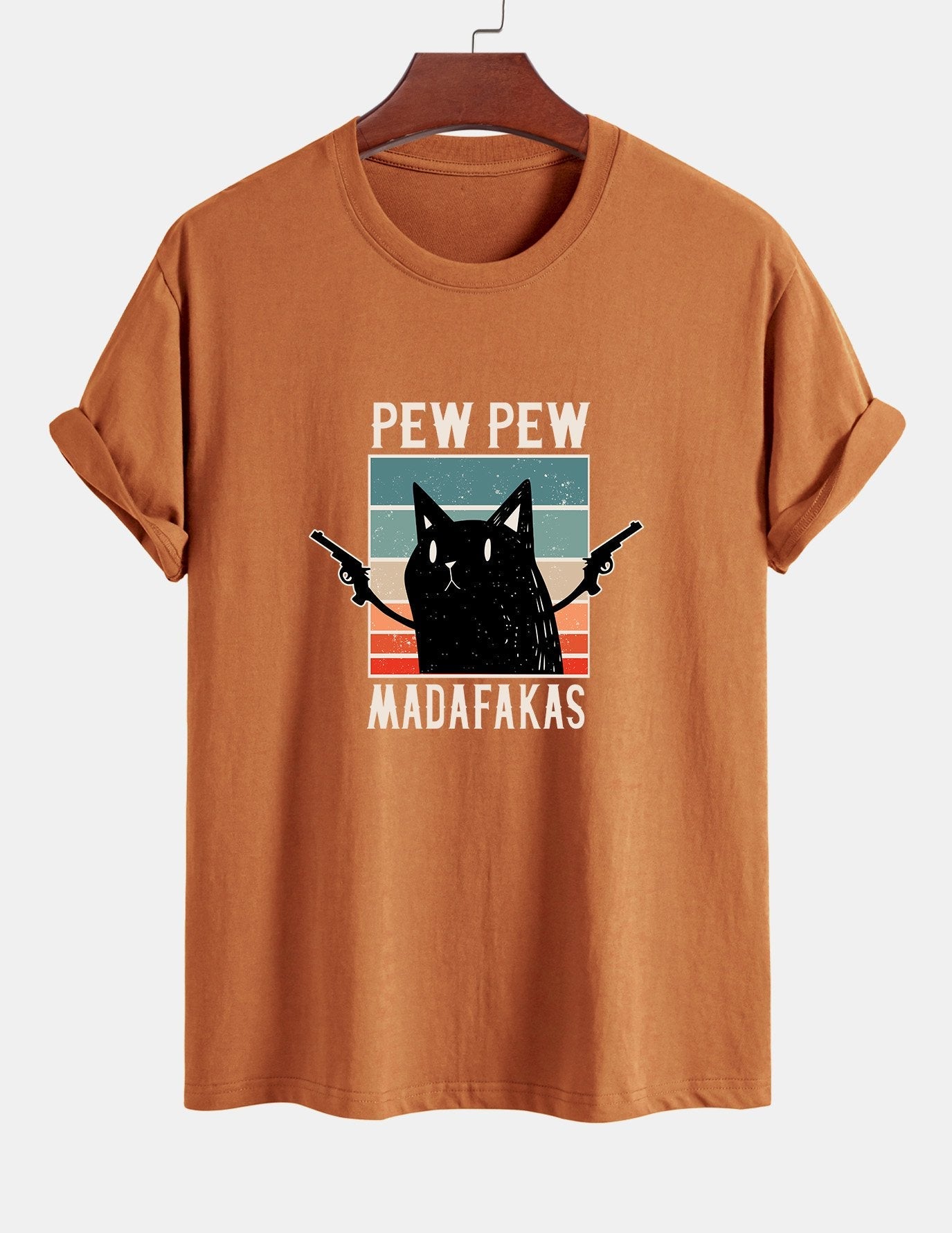 تي شيرت قطن بتصميم قطة سوداء بمقاس عادي - PEW PEW MADAFAKAS