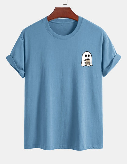 Regular Fit Ghost Drinking Coffee Print Cotton T-Shirt