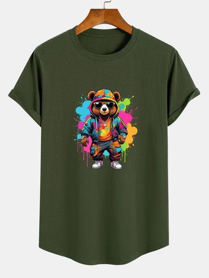 Graffiti Bear Print Cotton Arc Hem T-Shirt