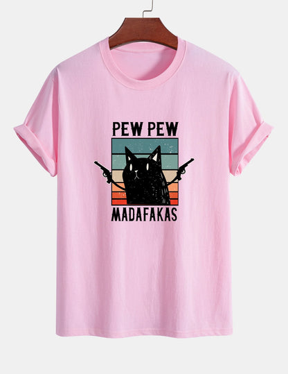 تي شيرت قطن بتصميم قطة سوداء بمقاس عادي - PEW PEW MADAFAKAS