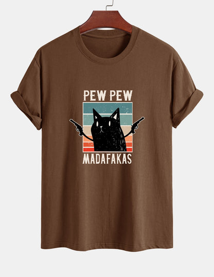 تي شيرت قطن بتصميم قطة سوداء بمقاس عادي - PEW PEW MADAFAKAS
