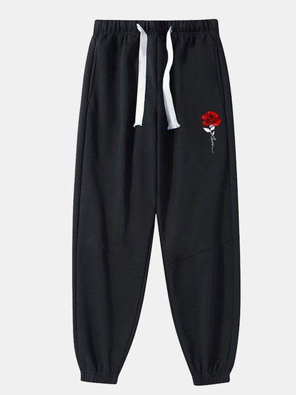 Rose Print Cotton Blend Jogger Pants