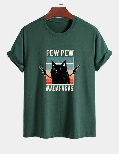 تي شيرت قطن بتصميم قطة سوداء بمقاس عادي - PEW PEW MADAFAKAS