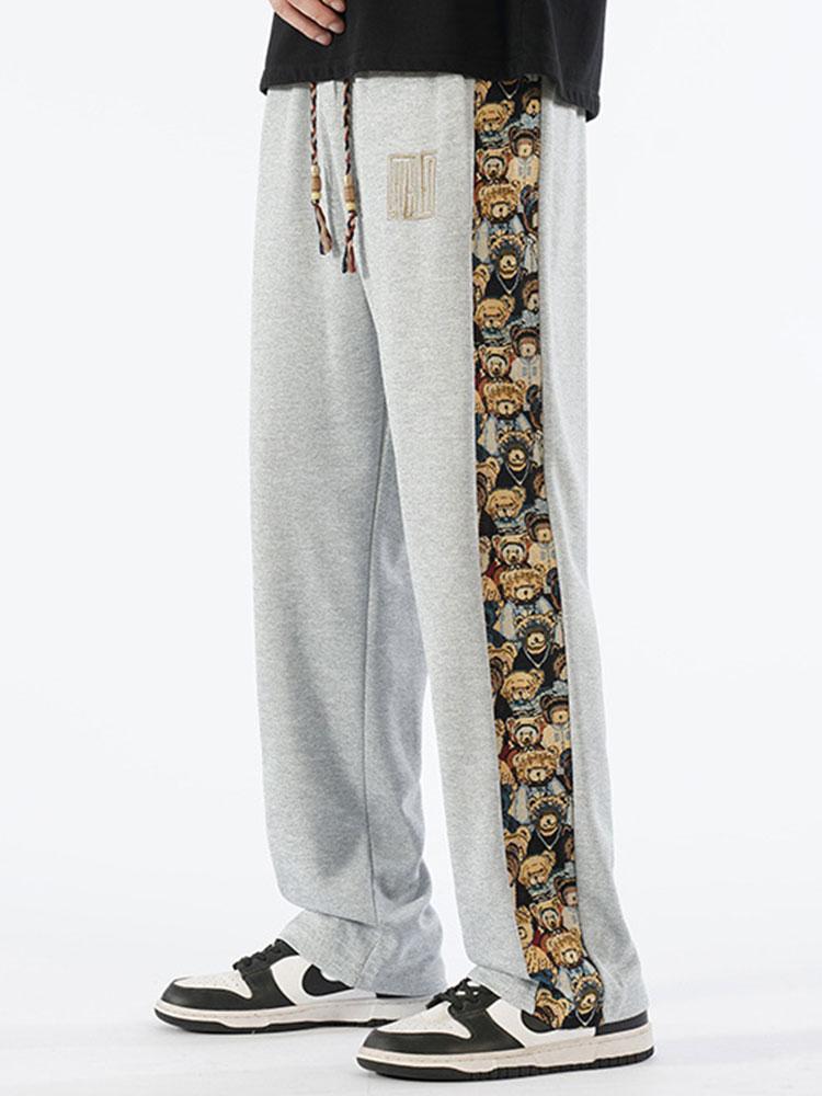 Bear Print Patchwork Straight Leg Pants