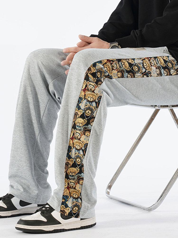 Bear Print Patchwork Straight Leg Pants