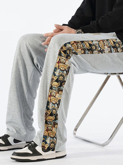 Bear Print Patchwork Straight Leg Pants