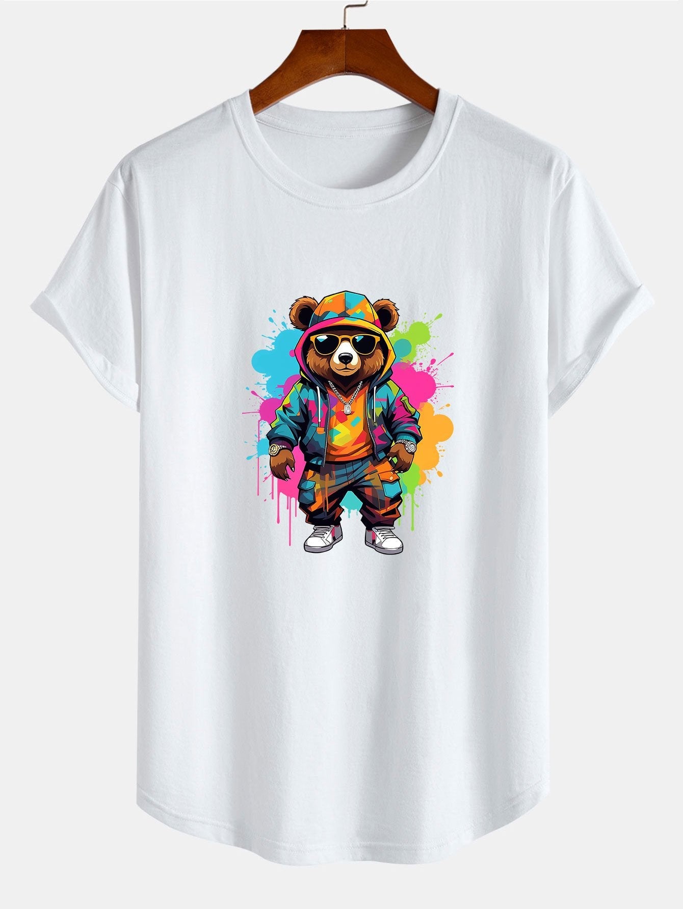 Graffiti Bear Print Cotton Arc Hem T-Shirt